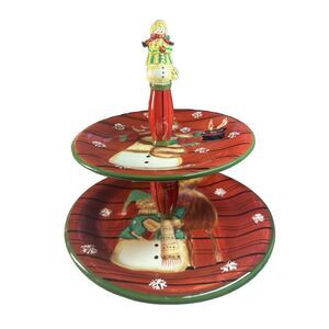 Noble Excellence Snow Mates 2 Tier Serving Tray Stand Snowman Holidays Christmas
